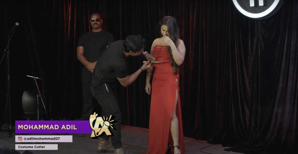 Mohammad Adil showcasing his intricate costume designs, presenting his creative talent to the judges during India’s Got Latent Episode 11.
